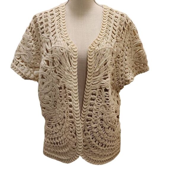 Crochet Knit Heavy Short Sleeve Cardigan Women's One Size Cream Art To Wear 100% - Picture 1 of 10